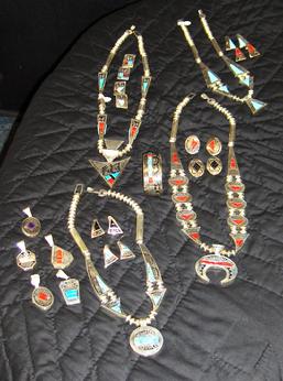 eversible necklaces with turquoise, jet and coral; reversible pendants